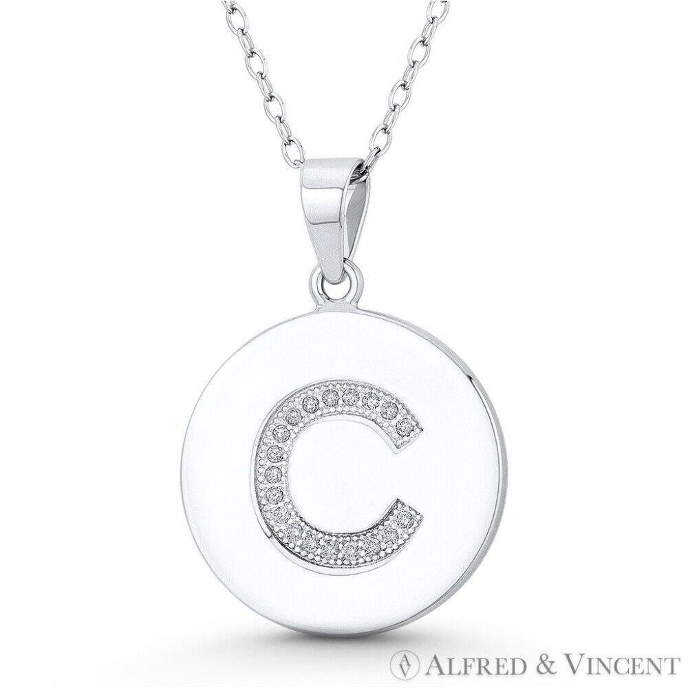 Initial Letter "C" CZ Crystal Circle Pendant in .925 Sterling Silver w/ Rhodium